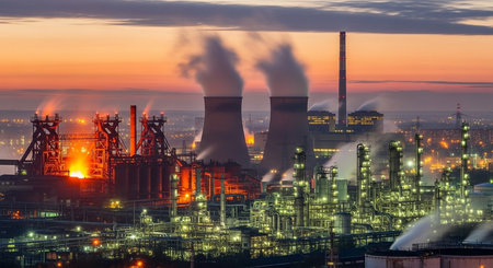 Power plant with smoking chimneys at sunset, industrial landscape, industrial seriesの素材