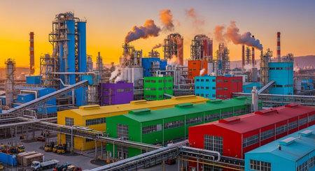 Aerial view of factory with colorful chimneys at sunset. Industrial backgroundの素材