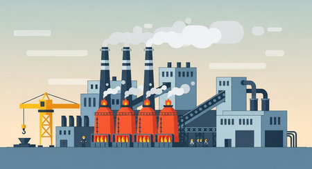 Industrial landscape with chimneys. Vector illustration in flat style.の素材