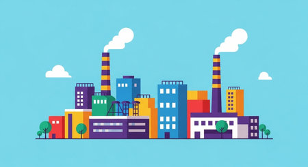 Industrial cityscape with chimneys and pipes. Vector illustration.の素材