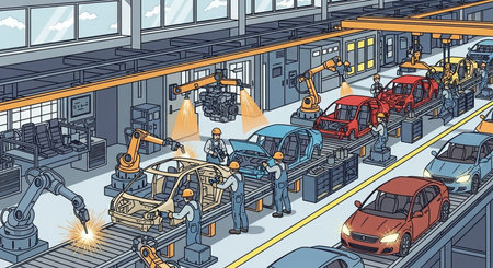 Automotive assembly line, vector cartoon illustration. Automotive factory.の素材