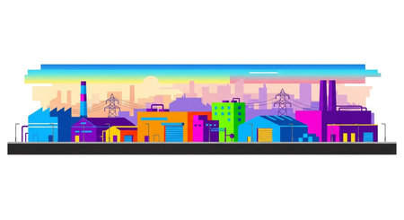 Cityscape with factories and power lines on white background. Vector illustration.の素材