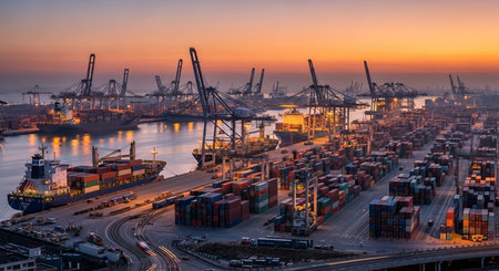 Container terminal and shipyard at sunset, Odessa, Ukraine.の素材