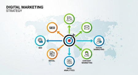 DIGITAL MARKETING CONCEPT with icons and world map backgroundの素材