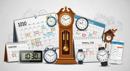 Time management concept. Clock, alarm clock, calendar and watch. Vector illustrationの素材