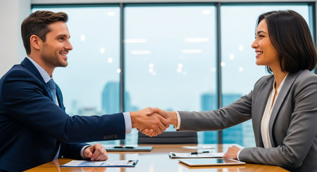 Business people shaking hands, finishing up a meeting. Businessman and businesswoman greeting each other with handshake in modern office.の素材