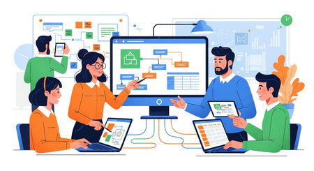 Business people working on computer. Teamwork concept. Vector flat graphic design illustrationの素材