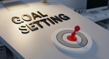 Close-up view of a goal setting button on a desk. 3D renderingの素材