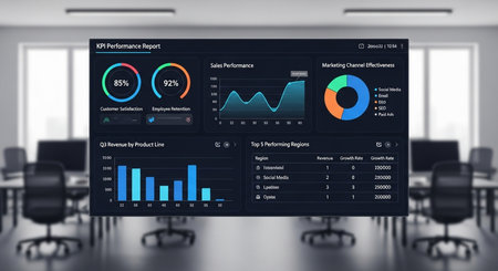 Digital composite of Business interface with graphs and charts in a modern officeの素材