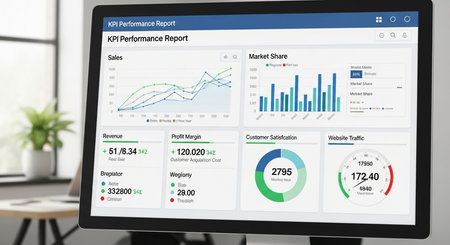 Workplace with a tablet pc showing a financial report. All screen graphics are made up.の素材