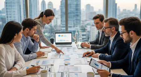 Group of business people discussing the charts and graphs showing the results of their successful teamworkの素材