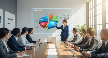 Business people in meeting room with financial charts and graphs on virtual screensの素材
