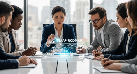 Group of business people working together in modern office. Business people using digital interface to communicate with each other. Teamwork conceptの素材