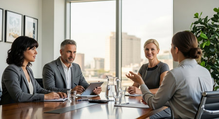 Group of business people working together in modern office. Businessman and businesswoman sitting at table and using tablet computer. Teamwork conceptの素材