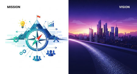 Vector illustration of modern cityscape with road and compass. Business concept.の素材