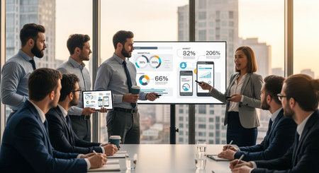 Group of business people working together in modern office. They are using tablet computers with diagrams and graphs.の素材