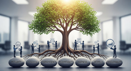 Conceptual image with business people and tree growing out of ballsの素材