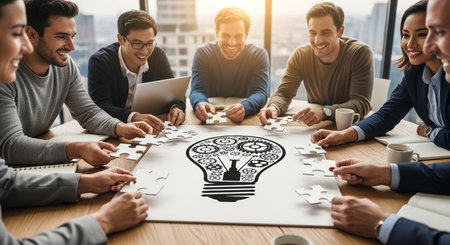 Teamwork concept. Group of young business people working together in modern office.の素材