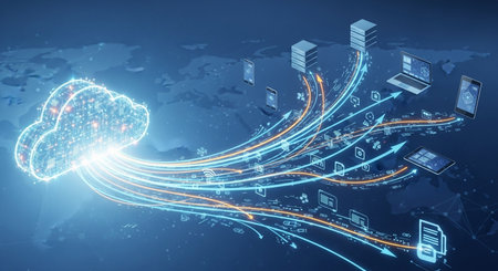 Cloud computing technology concept. 3D rendering toned image double exposureの素材