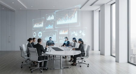 Business people in meeting room with financial charts on screen. Mixed mediaの素材