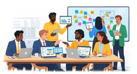 Business people meeting. Office workers sitting at table and working on project. Teamwork, brainstorming. Vector illustration in cartoon styleの素材