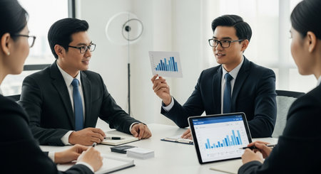 Business people discussing the charts and graphs showing the results of their successful teamworkの素材