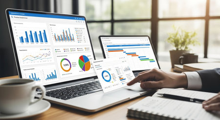 Businessman analyzing investment charts with laptop. Accounting and financial concept.の素材