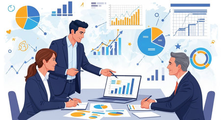 Business people working together in office. Teamwork, meeting, brainstorming concept. Vector illustration in cartoon styleの素材