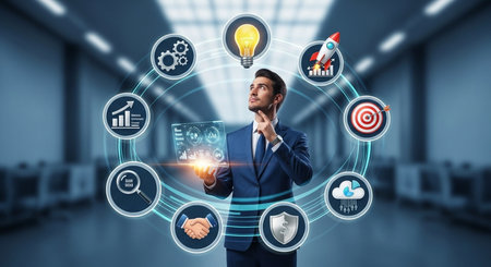 Businessman on blurred background using digital interface with icons 3D renderingの素材