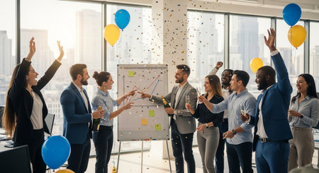 Group of diverse business people celebrating success with confetti in office.の素材
