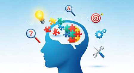 Human head with puzzle pieces and lightbulb, vector illustration.の素材