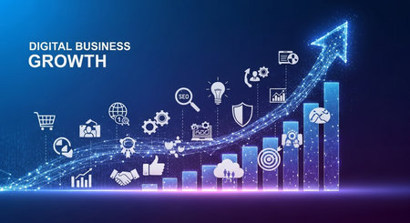 Digital business growth concept with graphs and icons on dark blue background.の素材