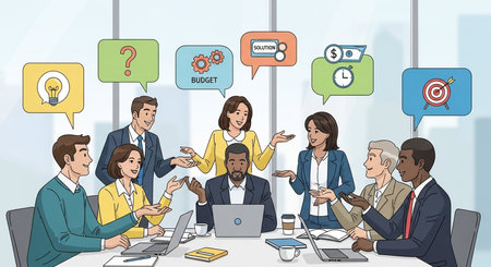 Group of business people having a brainstorming meeting. Vector illustration.の素材