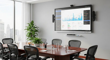 Modern conference room interior with computer monitor and city view. 3D Renderingの素材