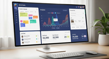 Workplace with computer and business website on screen. 3D rendering.の素材