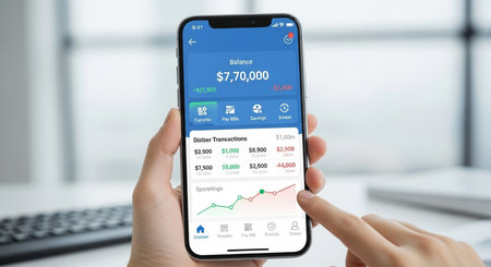 business, technology and internet concept - close up of woman hands holding smartphone with stock market application on screenの素材