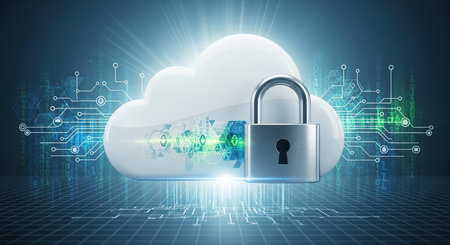 Cloud computing security concept with padlock and circuit board on blue backgroundの素材