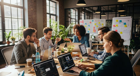 Group of multiethnic startup business people on meeting in modern bright office interior brainstorming, working on laptop and tablet computerの素材