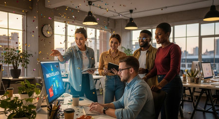 Multi-ethnic startup business team on meeting in modern bright office interior brainstorming, working on laptop and tablet computerの素材