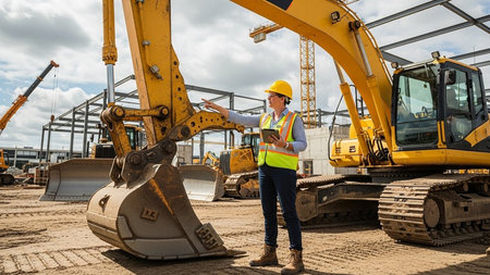 Female construction worker standing in front of excavator and looking at cameraの素材