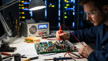 Technician repairing electronic circuit board at night. Technology and engineering conceptの素材