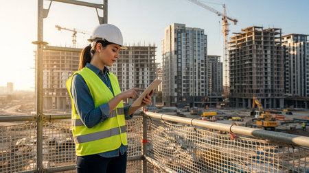 Female engineer using tablet on construction site. Woman in safety helmet and reflective vest working with digital tablet on construction site.の素材