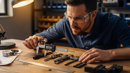 cropped shot of engineer in eyeglasses using caliper in workshopの素材