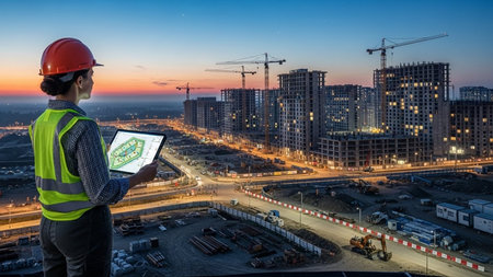 Engineer builder with tablet pc at construction site background. Mixed mediaの素材