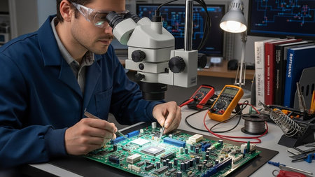 Technician repairing electronic circuit with soldering iron and soldering ironの素材