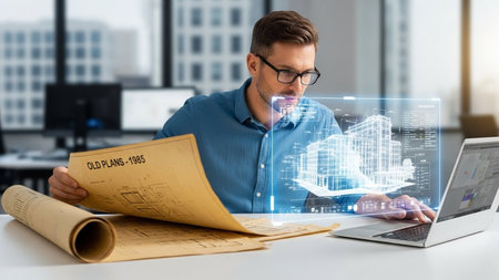 businessman working with laptop and papers in modern office, real estate conceptの素材