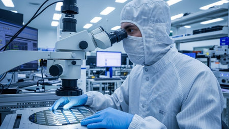 scientist in protective suit working with microscope in modern laboratory. science and technology conceptの素材