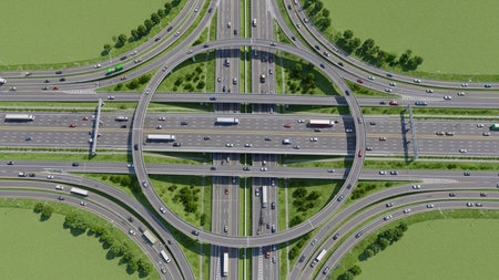 Aerial view of highway interchange overpass with cars. Top view.の素材