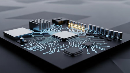 Circuit board with microchips and connections. 3d illustrationの素材