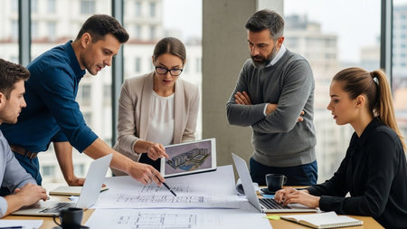 Group of architects working on construction project in office. Design and architecture concept.の素材